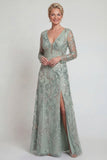 Vestido de Madre de la Novia de mangas largas de manga larga verde A Line con abertura