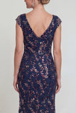 Vestido largo azul marino brillante de manga larga para la madre de la novia