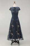 Vestido de madre de la novia azul marino brillante con escote barco