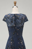 Vestido de madre de la novia azul marino brillante con escote barco