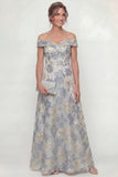 Vestido de madre de novia azul polvoriento Línea A Floral al Hombro
