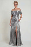 Vestido de madre de novia con hombros descubiertos, gris plateado, línea A