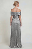 Vestido de madre de novia con hombros descubiertos, gris plateado, línea A