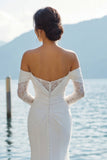 Vestido de novia Bohemio con cola de sirena de marfil al hombro descubierto y mangas