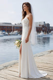Vestido de novia barrido de encaje marfil sirena con abertura