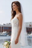 Vestido de novia barrido de encaje marfil sirena con abertura