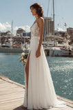 Vestido de novia de cola de encaje en línea A de marfil con abertura