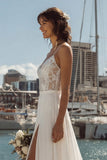 Vestido de novia de cola de encaje en línea A de marfil con abertura
