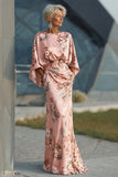 Vestido de Madre de la Novia con estampado de flores de rosa polvoriento y mangas acampanadas