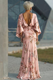 Vestido de Madre de la Novia con estampado de flores de rosa polvoriento y mangas acampanadas