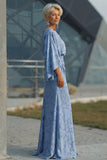 Vestido de madre de la novia azul polvoriento con funda y funda arrugada y mangas acampanadas