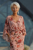 Vestido de madre de la novia, con escote en V y flor rosa polvorienta con mangas acampanadas
