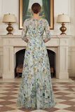 Flor verde Línea A bordada de mangas 3/4 de largo Vestido de madre de la novia