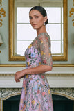 Flor verde Línea A bordada de mangas 3/4 de largo Vestido de madre de la novia