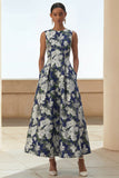 Vestido Midi de Línea Estampado Azul Marino con bolsillos