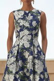 Vestido Midi de Línea Estampado Azul Marino con bolsillos