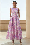 Vestido midi de cuello redondo con estampado de flor lila y bolsillos