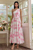 Vestido Midi de A Line con Flor Fucsia Blanca Estampado en un solo hombro