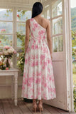 Vestido Midi de A Line con Flor Fucsia Blanca Estampado en un solo hombro