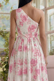 Vestido Midi de A Line con Flor Fucsia Blanca Estampado en un solo hombro