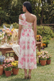 Vestido Midi de línea blanca con flor fucsia de un solo hombro