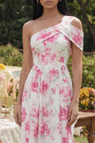 Vestido Midi de línea blanca con flor fucsia de un solo hombro