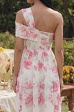 Vestido Midi de línea blanca con flor fucsia de un solo hombro