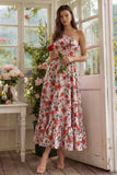 Vestido Midi de línea estampado con flor roja rosa y roja
