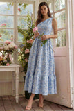 Vestido Midi de Una Línea A de Flor Azul Flor Jacquard con volantes