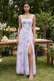 Vestido Midi de cuello cuadrado estampado lila con abertura
