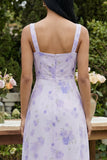 Vestido Midi de cuello cuadrado estampado lila con abertura