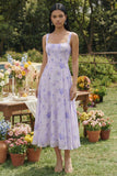 Vestido Midi de gasa A Line con escote cuadrado estampado lila