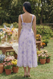 Vestido Midi de gasa A Line con escote cuadrado estampado lila