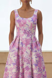 Vestido Midi de A Line con estampado de flor lila y cuello cuadrado