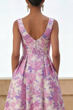 Vestido Midi de A Line con estampado de flor lila y cuello cuadrado