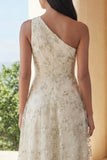Vestido Midi de Línea A con un hombro aplicado verde claro