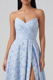 Vestido Midi azul Jacquard sin tirantes con línea A y abertura