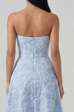 Vestido Midi azul Jacquard sin tirantes con línea A y abertura