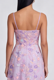 Tirantes finos con flor de lila y tirantes finos, vestido midi en línea con abertura