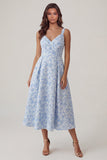 Vestido azul Jacquard de cuello en V con escote en V y línea A Line Midi