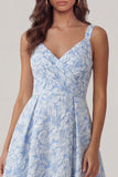 Vestido azul Jacquard de cuello en V con escote en V y línea A Line Midi