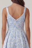 Vestido azul Jacquard de cuello en V con escote en V y línea A Line Midi