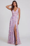 Vestido Midi de A Line con Alip de Flor Lila y Escote en V