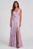 Vestido Midi de A Line con Alip de Flor Lila y Escote en V