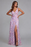 Vestido Midi de A Line con Alip de Flor Lila y Escote en V