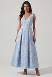 Vestido azul Jacquard de cuello en V con frunces A Line