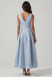 Vestido azul Jacquard de cuello en V con frunces A Line