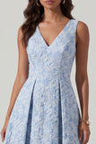 Vestido azul Jacquard de cuello en V con frunces A Line