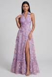 Vestido Midi sin mangas con escote en V con flor lila y línea A con abertura