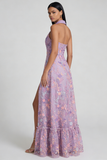 Vestido Midi sin mangas con escote en V con flor lila y línea A con abertura